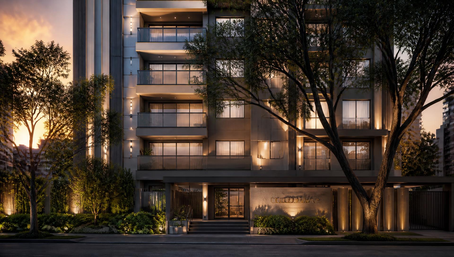 Fachada de edifício residencial de alto padrão ao entardecer